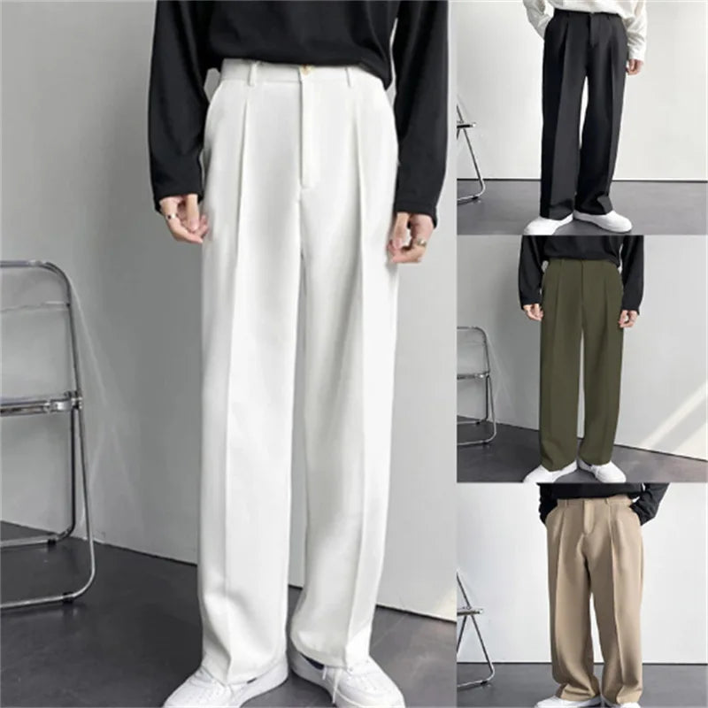 Men'S Straight-Fit Loose Suit Trousers with Diagonal Side Pockets, in Solid Color, Comfortable, Fashionable and Casual.