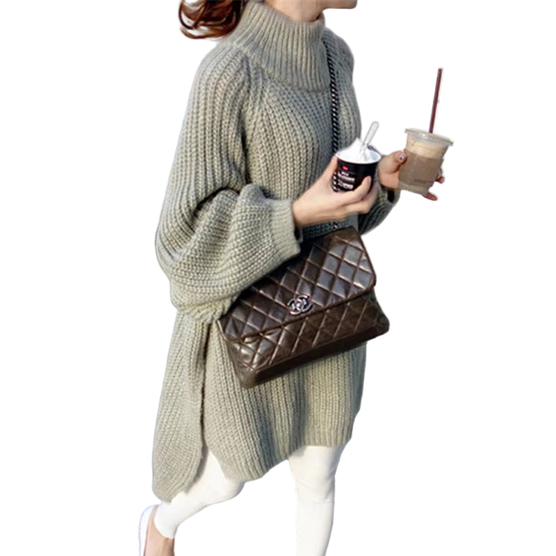 Autumn Winter Thick Long Sweater Women Lantern Sleeve Side Slit Half Turtleneck Sweaters Pullovers Oversized Pull Hiver Femme