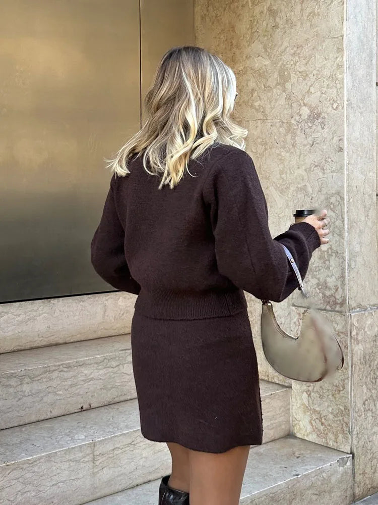 Women Skirt Suit Fashion O-Neck Knitted Long Sleeve Single Breasted Pocket Cardigan+Elastic Waist Slim Mini Skirt 3 Color