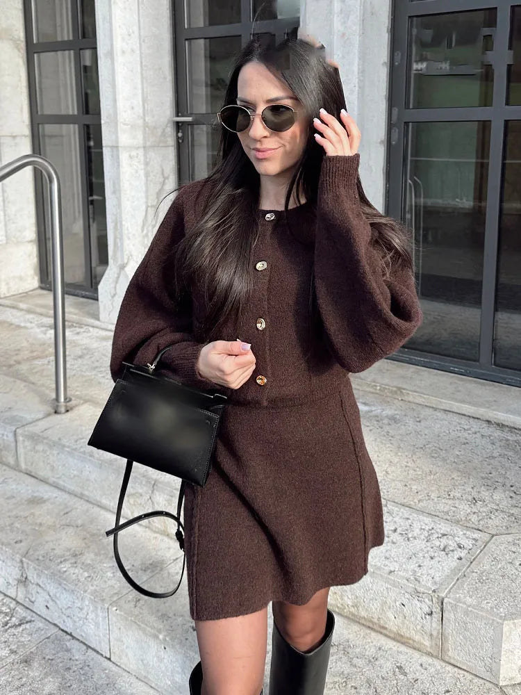 Women Skirt Suit Fashion O-Neck Knitted Long Sleeve Single Breasted Pocket Cardigan+Elastic Waist Slim Mini Skirt 3 Color