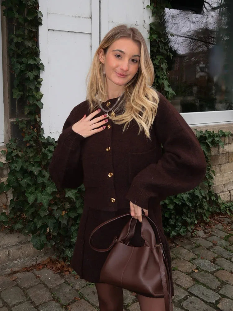 Women Skirt Suit Fashion O-Neck Knitted Long Sleeve Single Breasted Pocket Cardigan+Elastic Waist Slim Mini Skirt 3 Color