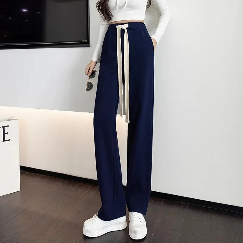 High Waist Wide Leg Pants Women'S Drawstring Loose Straight Sporty Trousers Casual Black Joggers for Lazy Strolls