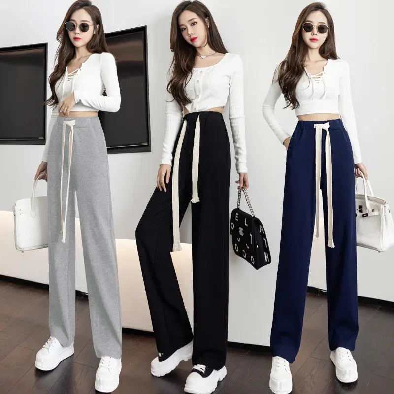 High Waist Wide Leg Pants Women'S Drawstring Loose Straight Sporty Trousers Casual Black Joggers for Lazy Strolls