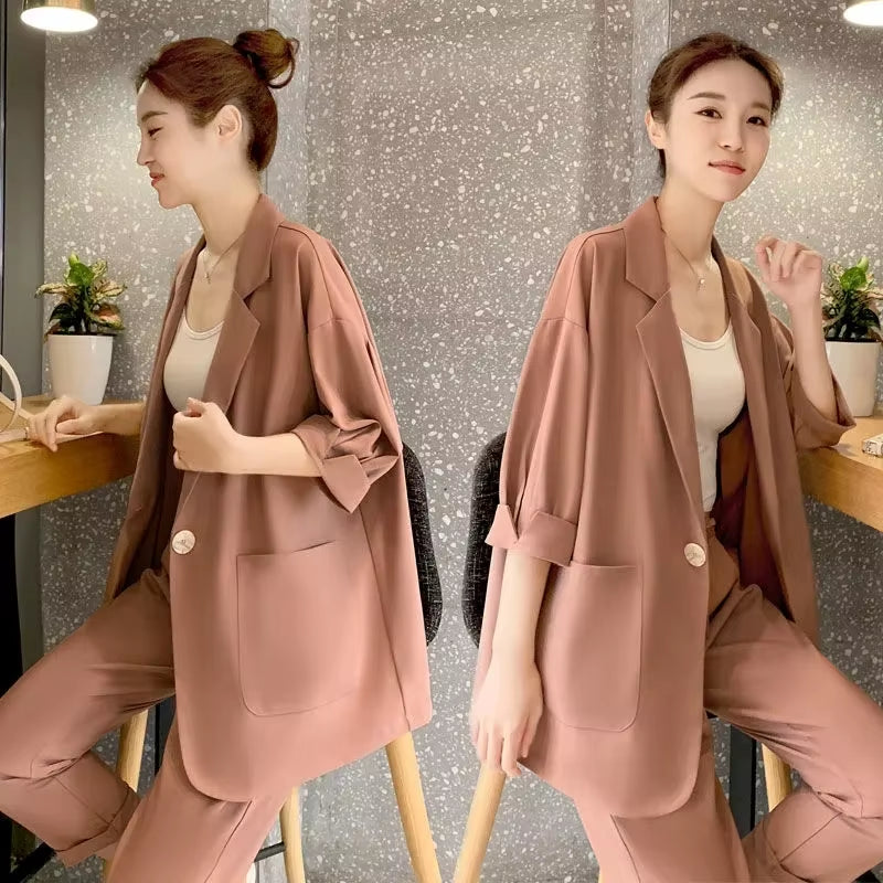 Two Piece Set Big Size Elegant Office Lady Suit Slim Long Pants Jacket Blazer Top Suit Commuting Wind Work Casual Women Set