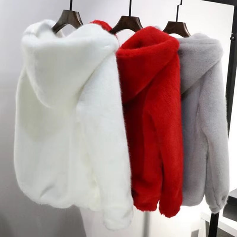 Rabbit Imitation Fur Winter Grass Mink Faux Fur Coat Ladies Artificial Fur Hooded Soft plus Size Women'S Jacket Red,4Xl,5Xl