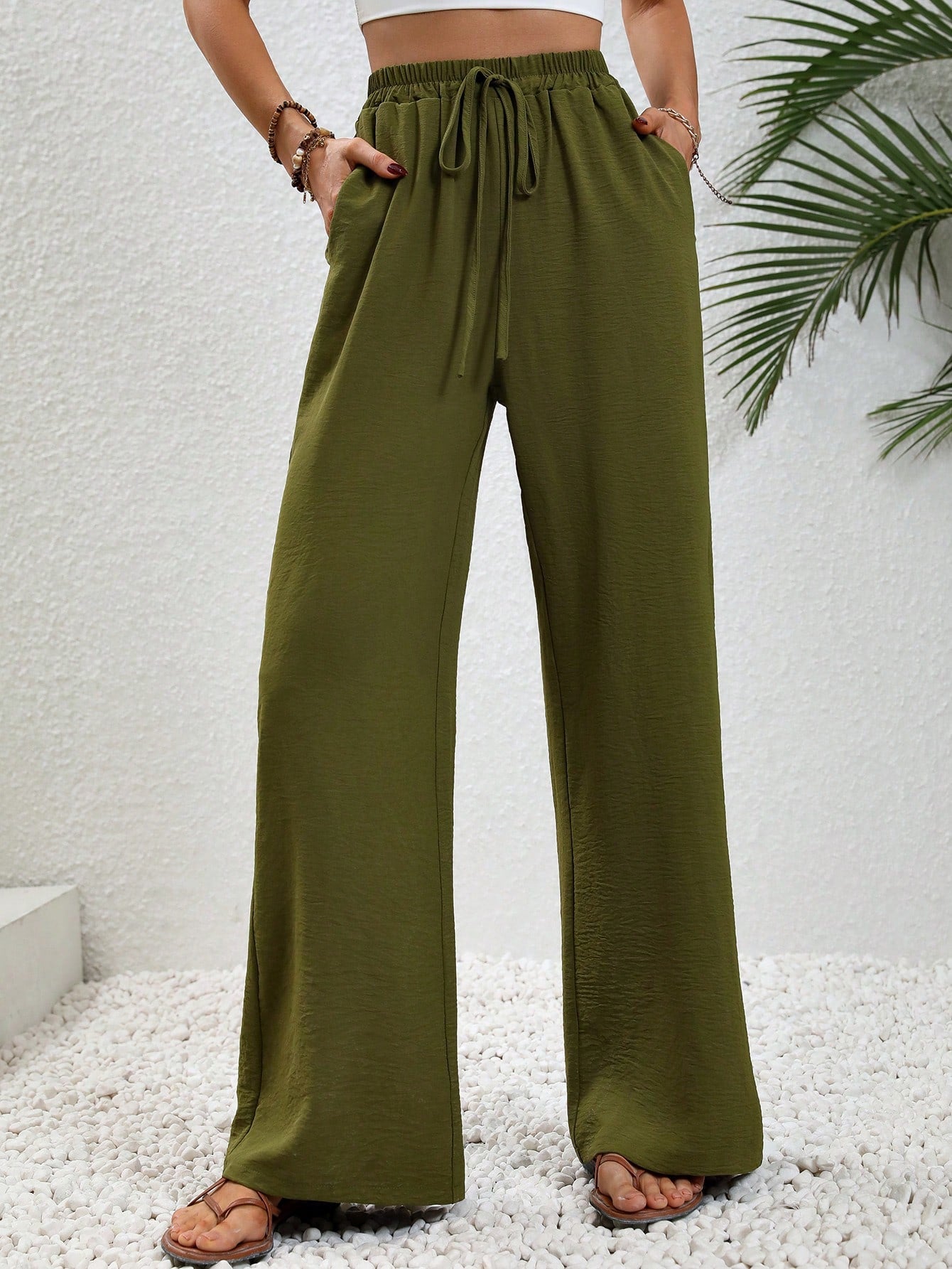 SHEIN LUNE Tie Waist Wide Leg Pants Fall Cloth for Women