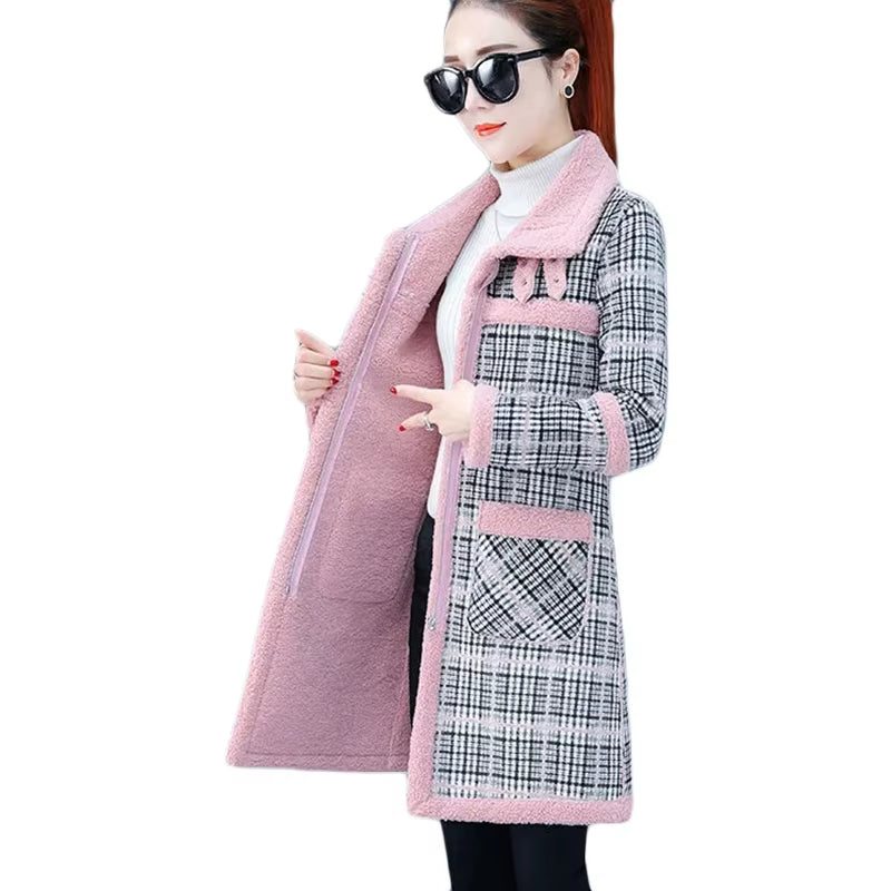 New Winter Lamb Wool Woolen Coat Thick plus Velvet Warm Cotton Coat Women Long Grid Parker Overcoat Quilted Jacket Trench Coats