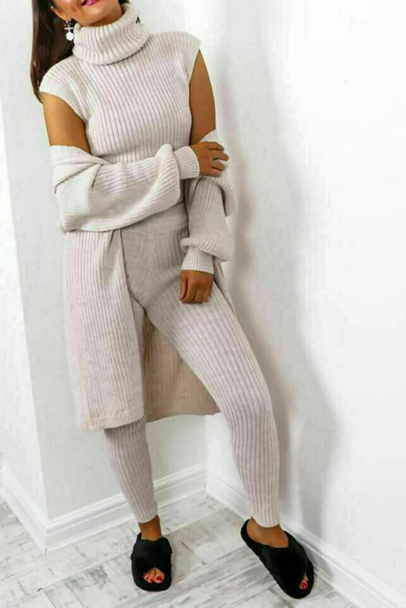 Womens 3 Piece Suit Roll Neck Chunky Knitted Tracksuit Ladies Rib Loungewear Set