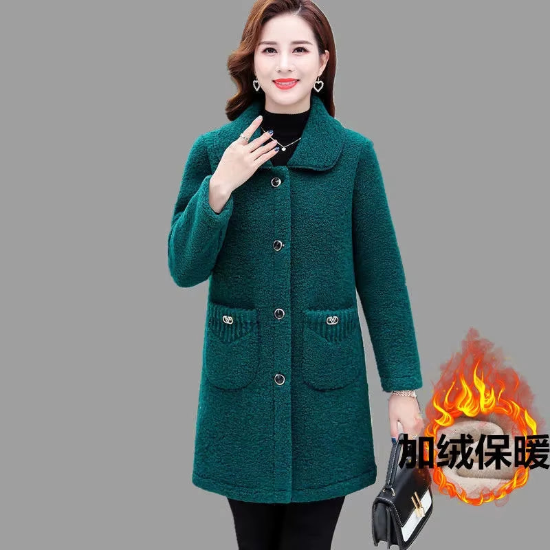 Middle-Aged Mothers Faux Lamb Wool Coat 2024 Autumn Winter Loose Long-Sleeve Outerwear Solid Female Jacket Parkas Casual Tops