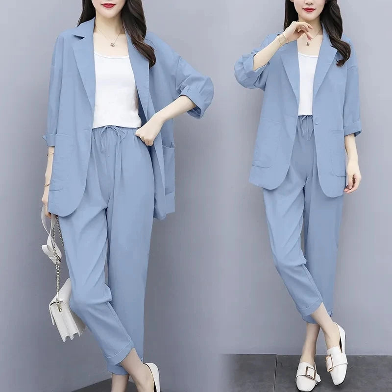 Two Piece Set Big Size Elegant Office Lady Suit Slim Long Pants Jacket Blazer Top Suit Commuting Wind Work Casual Women Set