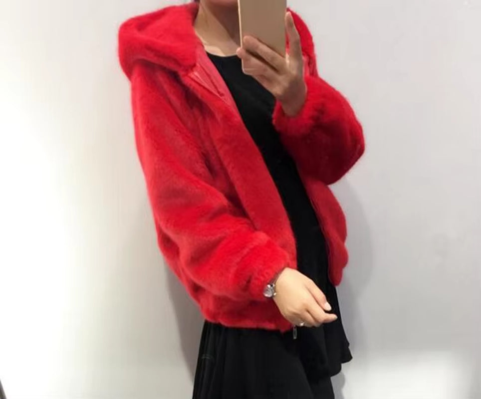 Rabbit Imitation Fur Winter Grass Mink Faux Fur Coat Ladies Artificial Fur Hooded Soft plus Size Women'S Jacket Red,4Xl,5Xl